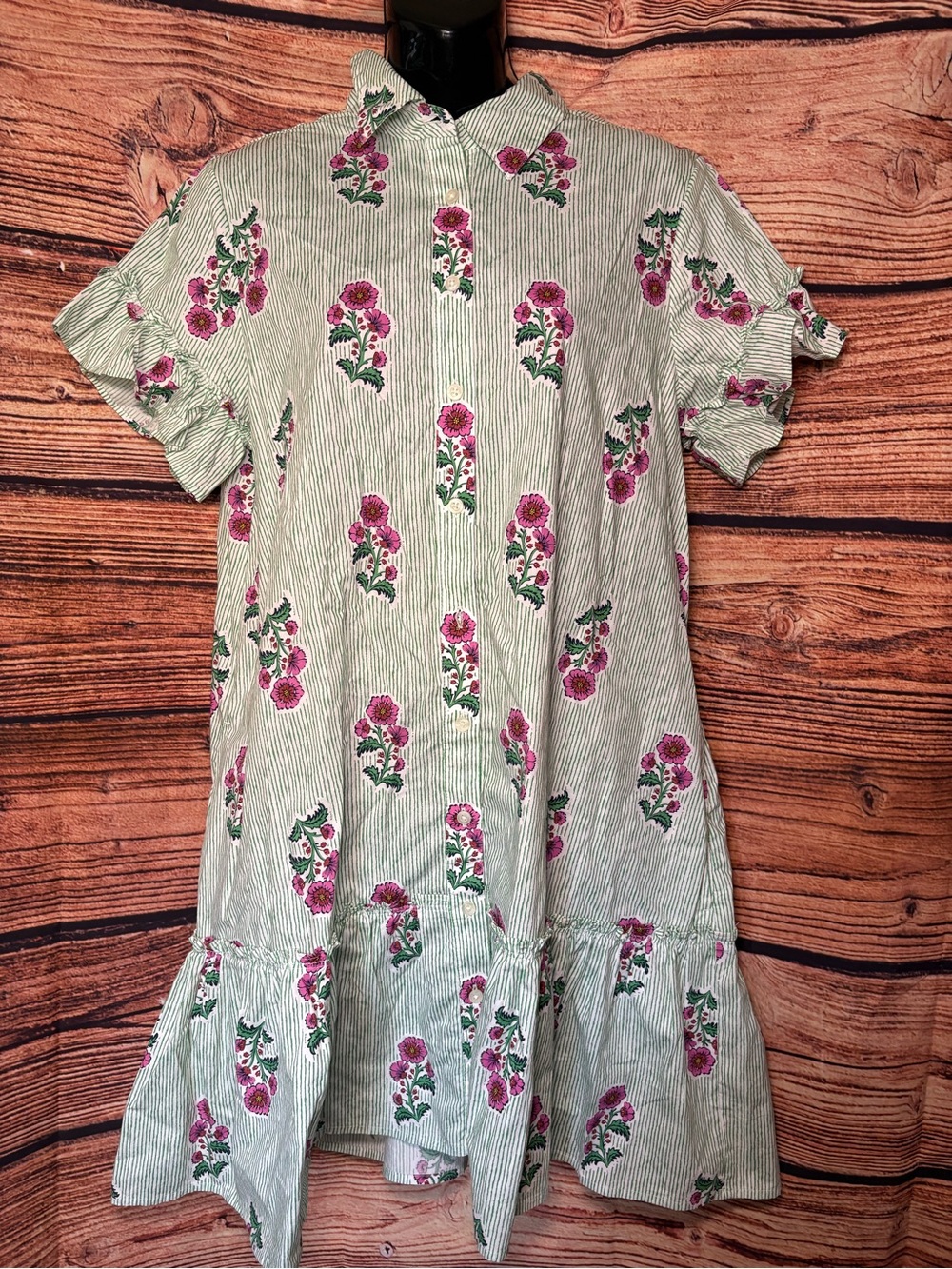 J. Crew Green Striped Mini Dress with Pink Floral Print